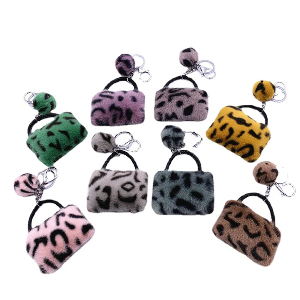 Creative Leopard Bag Pendant Keychain Cute Plush Soft Handbag Charms With Hair Ball Car Trinket Keyring Moto Accessories Gift
