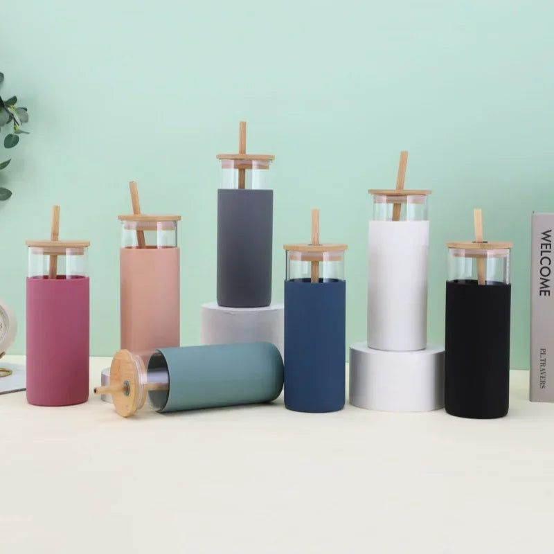 1pc Glass Tumbler with Bamboo Lid and Silicone Cover High Temperature Resistant Tea Cup Juice Glass Milk Water Cup Drinkware