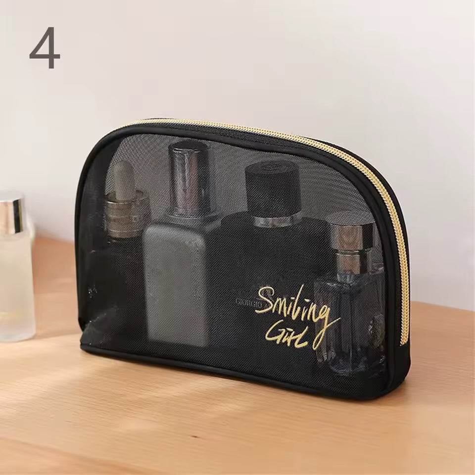 Portable Large Capacity Mesh Cosmetic Bag Transparent Black Nylon Mesh Makeup Pouch Travel Storage Case Toiletry Organizer