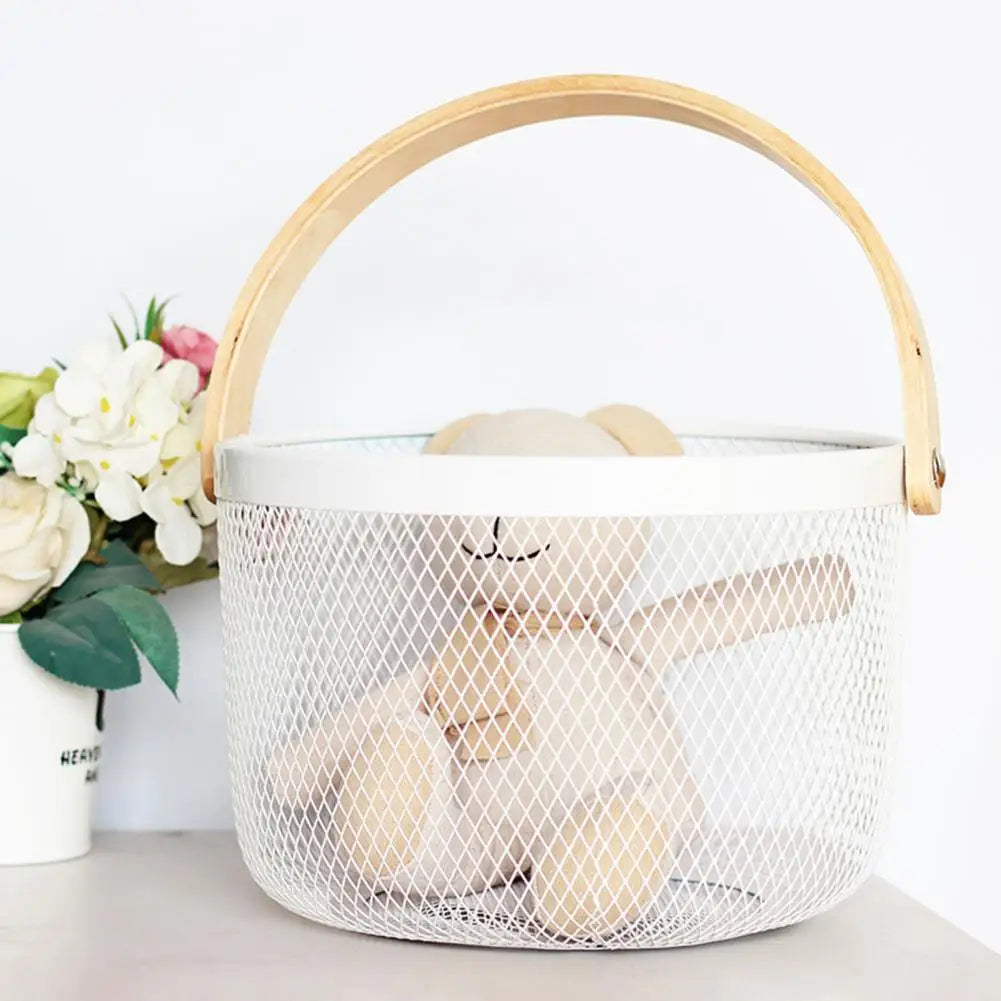 Garden Fruit Vegetable Basket Kitchen Basket Sturdy Wire Mesh Round Shape Portable Picnic Basket for Fruit Bread Eggs Vegetables