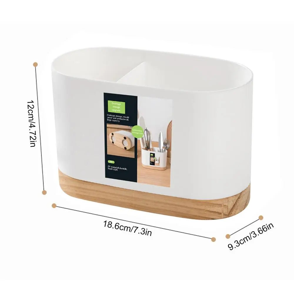 Kitchen Tableware Storage Bucket Utensil Holder Cutlery Drainer Plastic Chopstick Spoon Storage Rack with Wooden Base