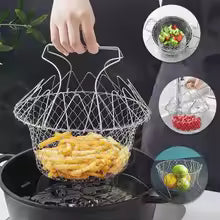 Stainless Steel Folding Oil Fry Basket Home Kitchen Oil Filtration Sieve for French Fries Chicken Blocks Oil Drain Basket