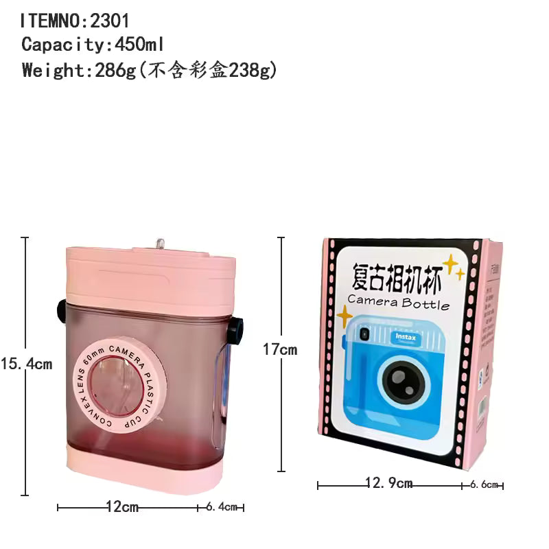 400ML Creative Camera Water Bottle Plastic Water Bottle for Girls Kawaii Straw Bottle with Sticker Strap Children Outdoor Kettle