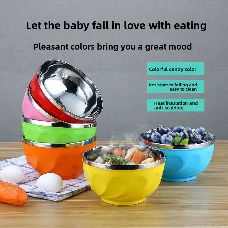 Colorful Anti-Fall Heat-Resistant Stainless Steel Bowls round Shape Instant Noodles Bowls Children's Bowls Double Layer Insulati