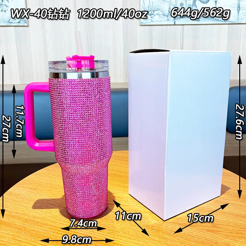 40oz Rhinestone Studded Diamond Bling Stainless Steel Tumbler with Handle Travel Vacuum Coffee Mug with Straws for Car Thermos