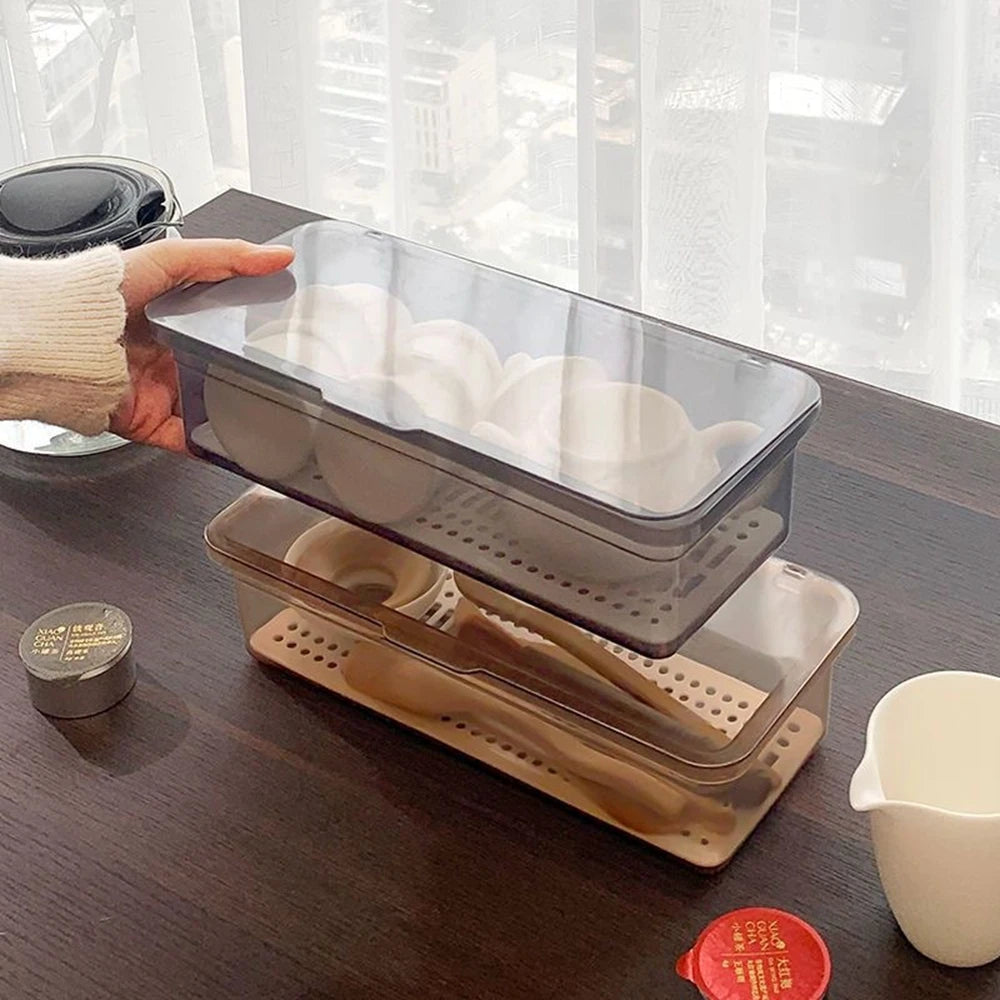1PCS Tea Set Storage Box Transparent Plastic Desk Storage Box Drawer Organizer Small Things Home Storage Chopstick Storage Box