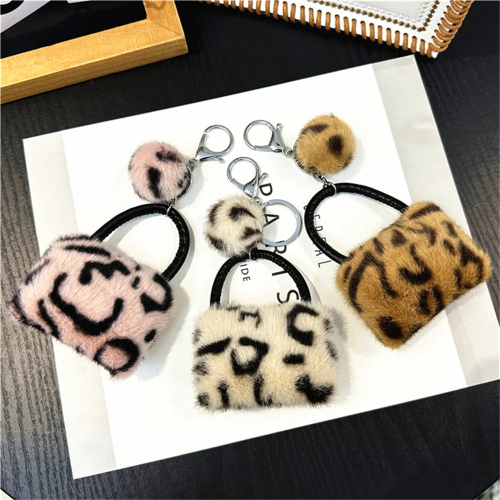 Creative Leopard Bag Pendant Keychain Cute Plush Soft Handbag Charms With Hair Ball Car Trinket Keyring Moto Accessories Gift