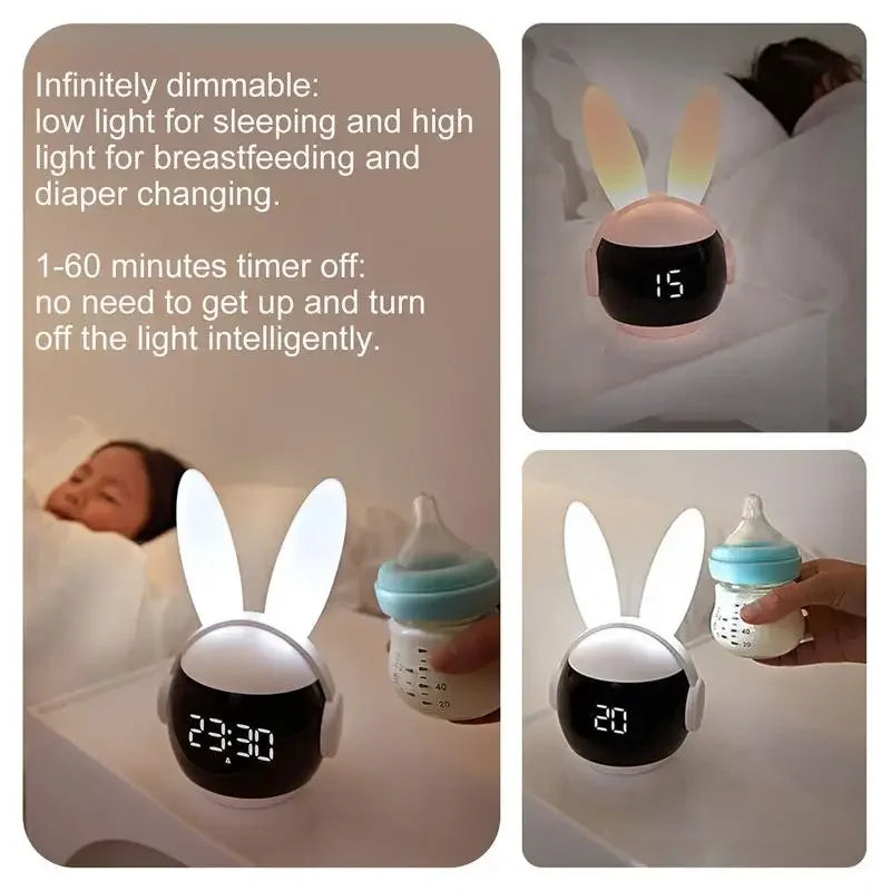 Bedroom Bedside Clock Creative Timing Night Light For Three Ways Wake Up Rechargeable Rabbit Alarm Clock Rainbow Animal Lamp
