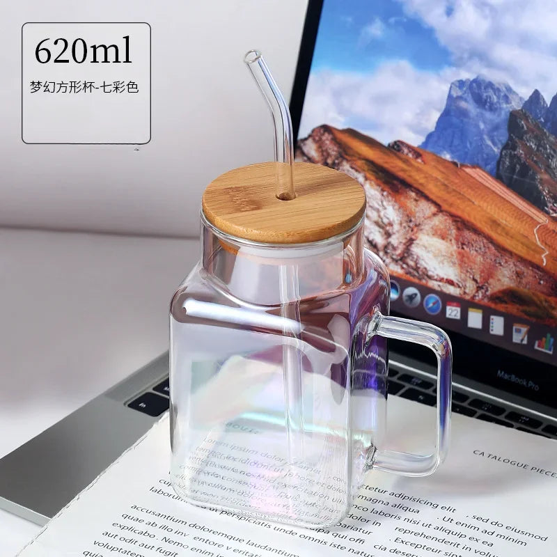 High Borosilicate Glass Cup Square with Lid and Straw Ins Wind Drinking Water Cup