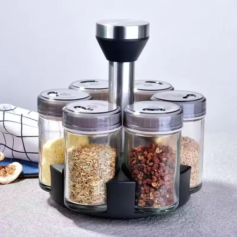 Kitchen Rotating Spice Rack Glass Seasoning Storage Set with Lid Various Sauce Bottles Home Goods Storage Shelf