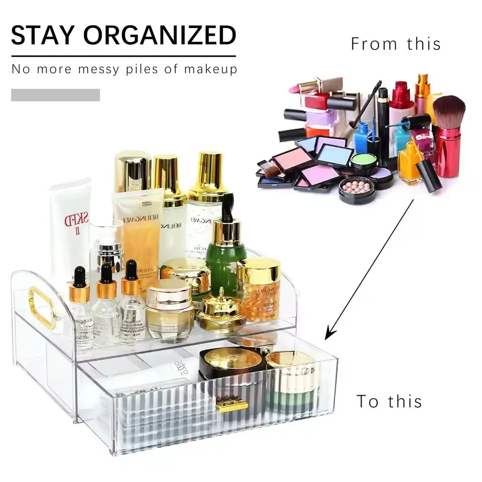 Makeup Organizer Countertop Clear Cosmetics Storage Boxes with Drawers & Portable Handle For Vanity Skincare Desktop Bathroom