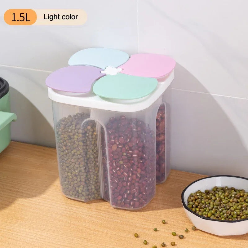 Kitchen Cereals Storage Box Plastic 4 Grids Sealed Jars 1.5L/2.3L Food Container Moisture-proof Grain Tank Keep Fresh Box