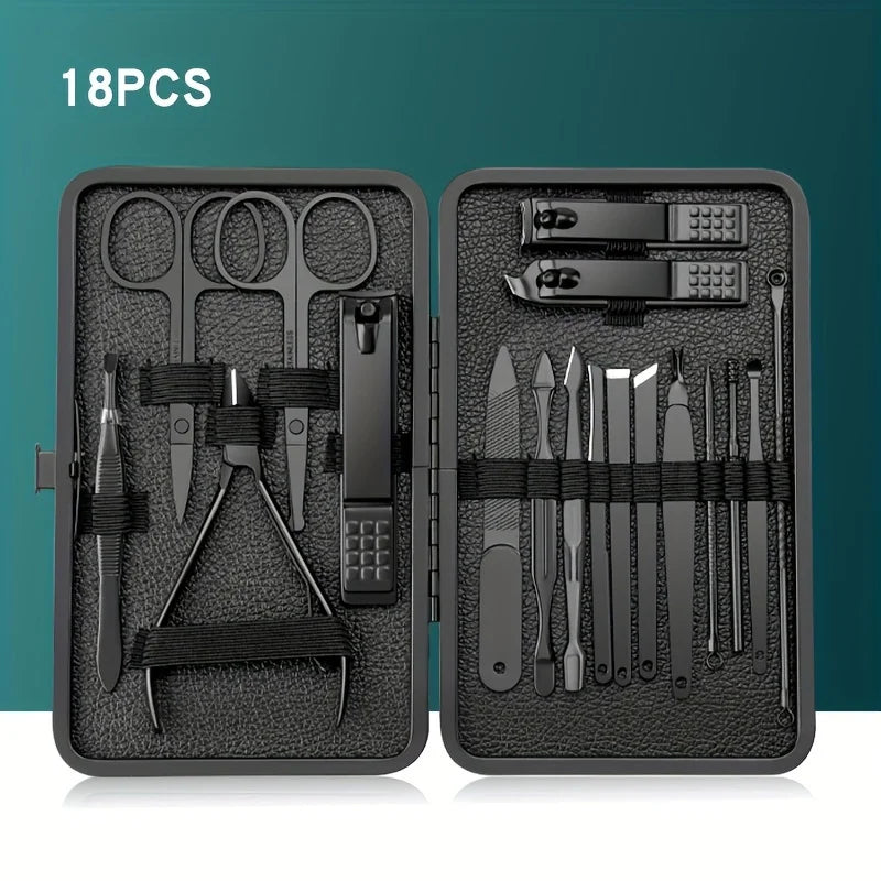 7-18 Piece Set of Black Stainless Steel Nail Clippers Complete Set of Nail Clippers Acne Needles Foot Clippers Beauty Pliers