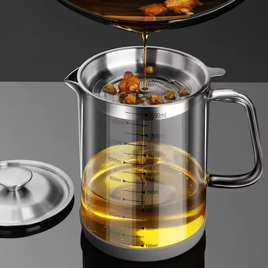 1L/1.5L Transparent Glass Oil Filter Pot with Scale kitchen Oil Separator&Storage Tank with Fine Mesh Strainer Grease Container