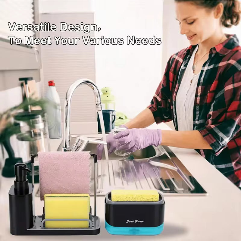 Multi-Functional Kitchen Soap Dispenser Hand Dish Soap Dispenser with Dual Soap Dispensers Sponge and Dishcloth Holders Tray