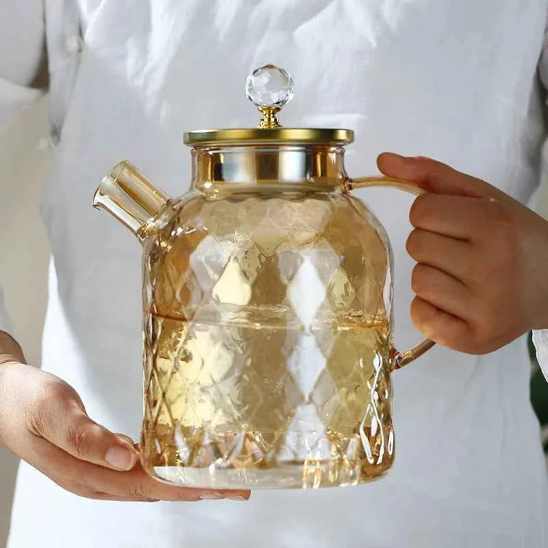 Glass Tea Kettle With Bamboo Lid And Removable Filter Spout Champagne Teapot For Loose Leaf Blooming Tea And Fruit Tea 1/1.8L