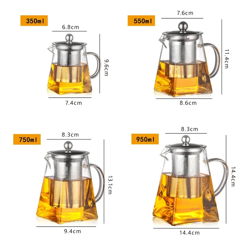 Heat Resistant Glass Teapot With Stainless Steel Coffee Infuser Heated Container Tea Pot Good Clear Kettle Square Filter Baskets