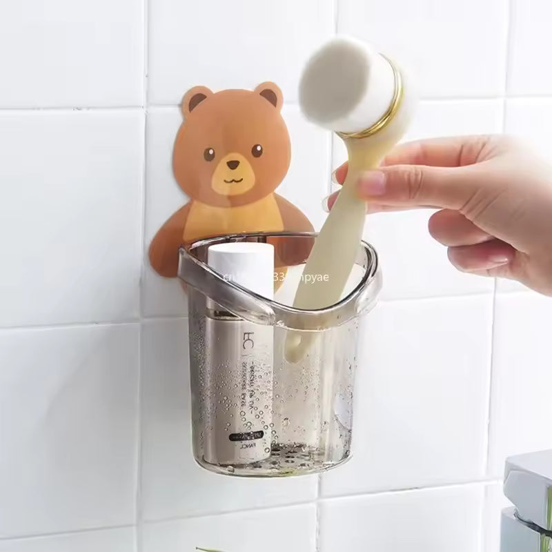Bathroom Bear Hug Toothbrush Cup Toothpaste Storage Rack Bathroom Perforation-free Wall-mounted Drain Bear Storage Cups  teddy bear