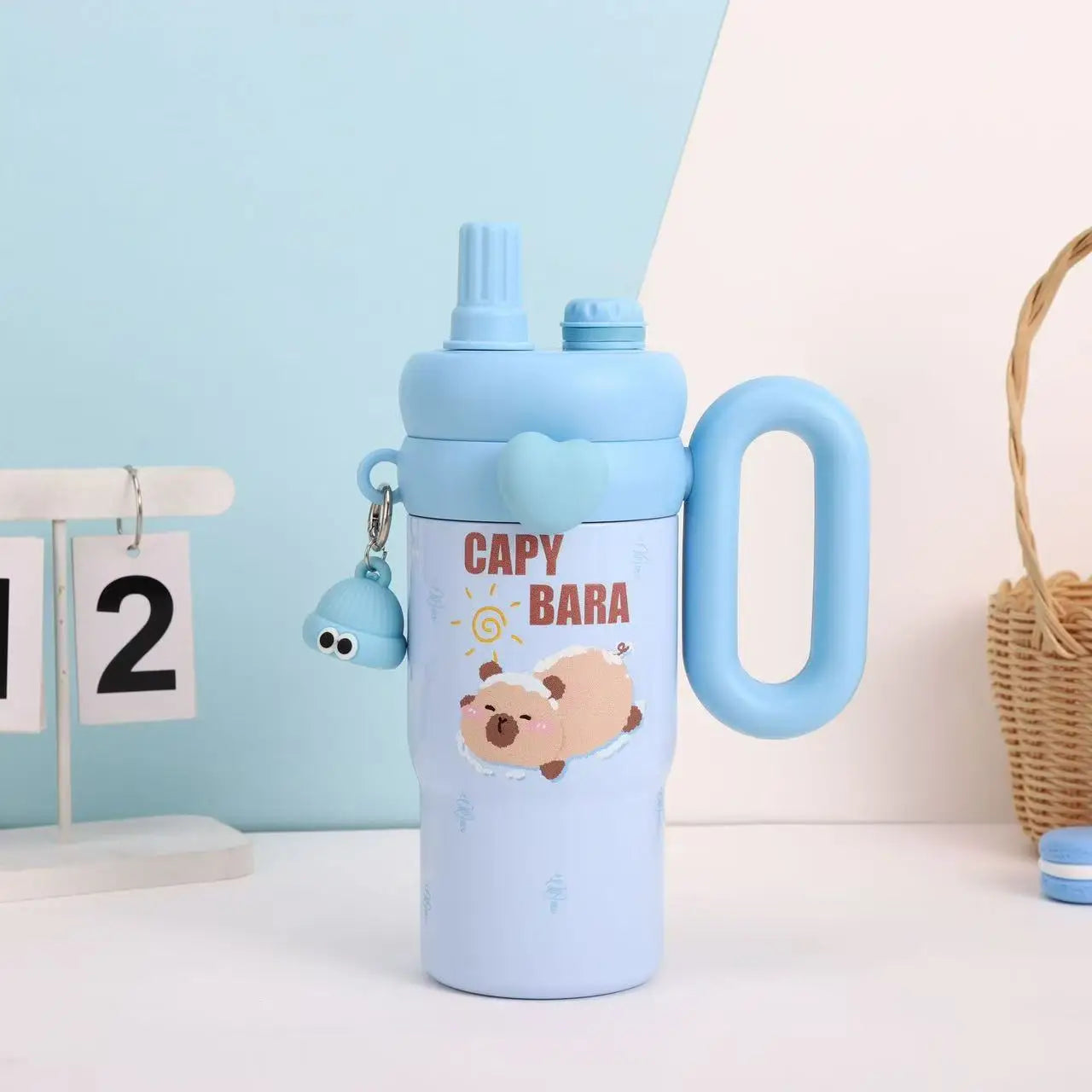 Large Capacity Straw Cup Cartoon Cute Double Drink Insulated Thermos for Students Children Women Portable Travel Water Bottle