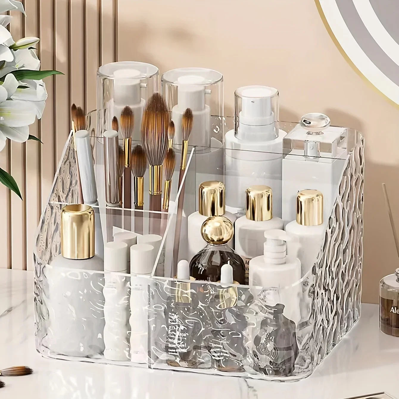 4-Compartment Acrylic Cosmetic Storage Organizer Transparent Makeup and Skincare Product Holder, Office Desk Stationery Box