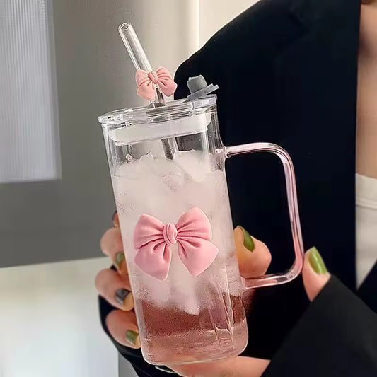 1PC Cute Doodle Coffee Mug Household Fruit Tea Lemonade Girls Gift Bow Glass Cute Water Cup Cartoon Bow Glass Cup Striped