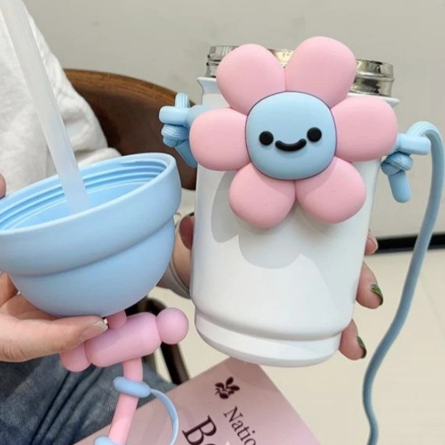 Netroots cartoon vacuum insulation cup female stainless steel high-color value with carry rope flowers milk tea cups