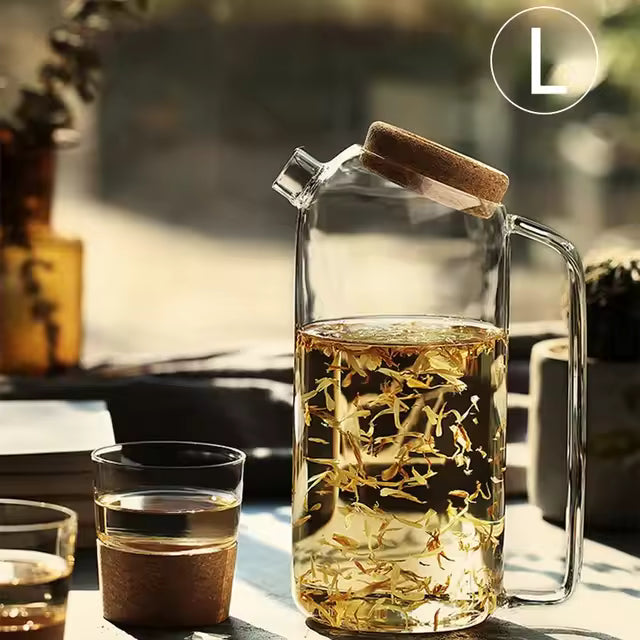 Glass Cork Water Kettle Wooden Cover Flower Teapot Heat-resistant Juice Cold With Lid Coffee Pitcher