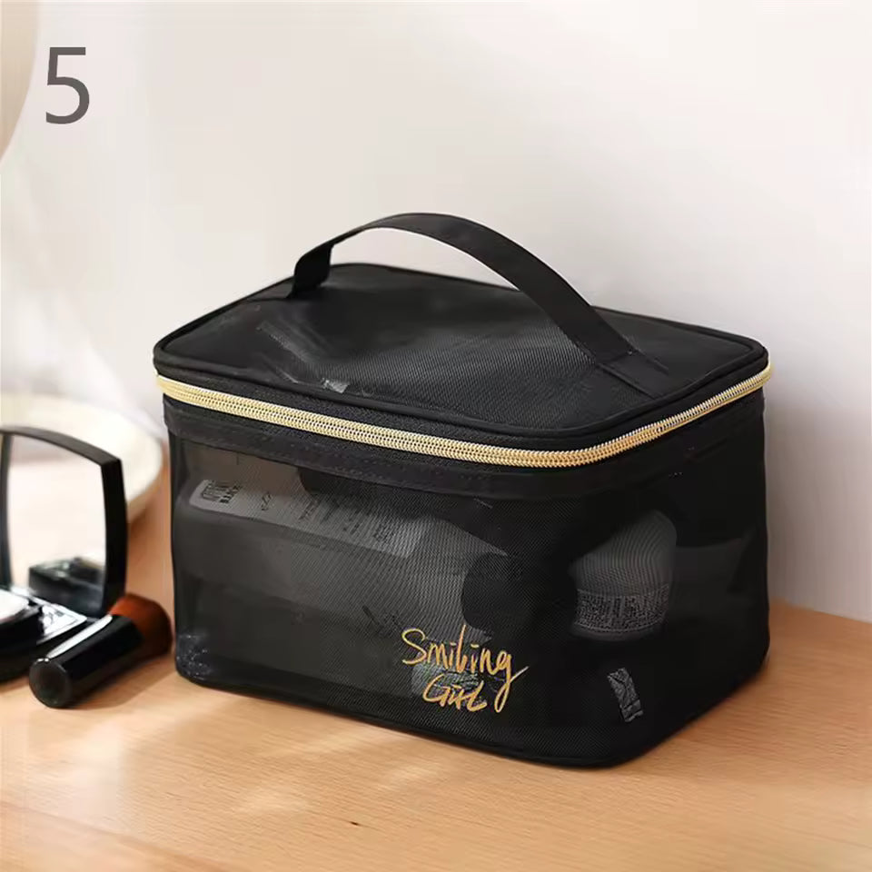 Portable Large Capacity Mesh Cosmetic Bag Transparent Black Nylon Mesh Makeup Pouch Travel Storage Case Toiletry Organizer