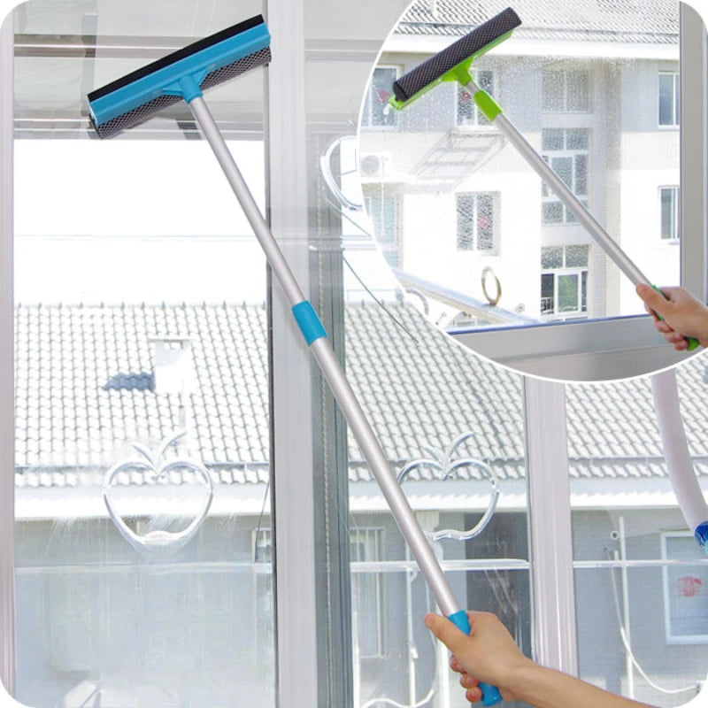 Long Handle Window Scraper Glass Cleaning Brush 2 in 1 Adjustable Squeegee Sponge Window Glass Cleaner Wiper