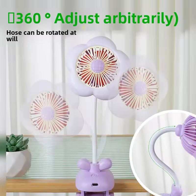 Flower Shaped Mini USB Desktop Fan with Night Light Clip on Design for Office Charging Summer Air Conditioner Household Applianc