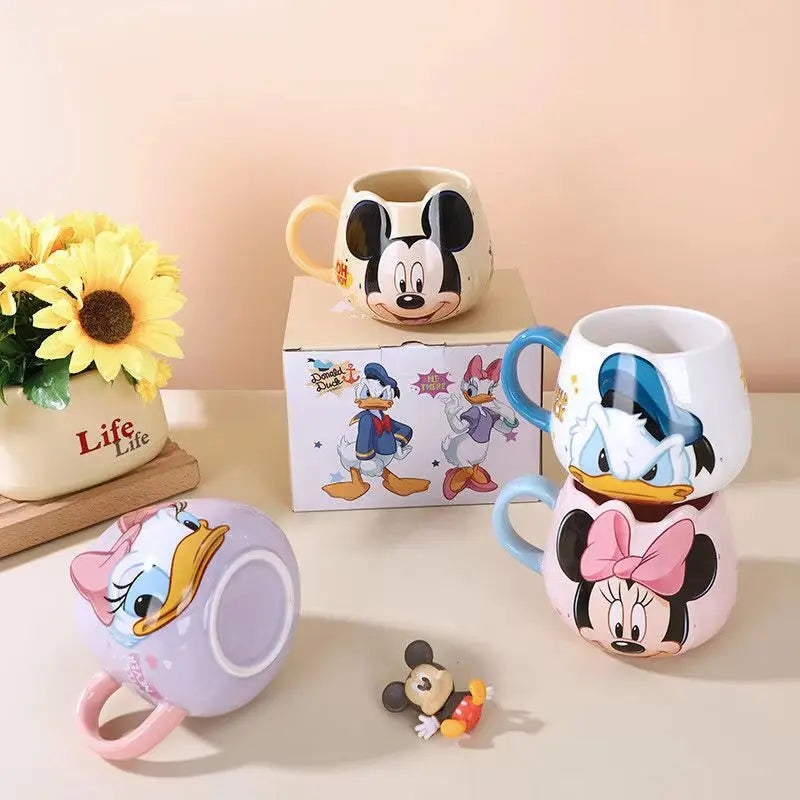Mickey Mouse Minnie Donald Cute Cartoon Coffee Mugs Set 450ml Kids Water Cup with Handle Creative Collectible Disney Characters
