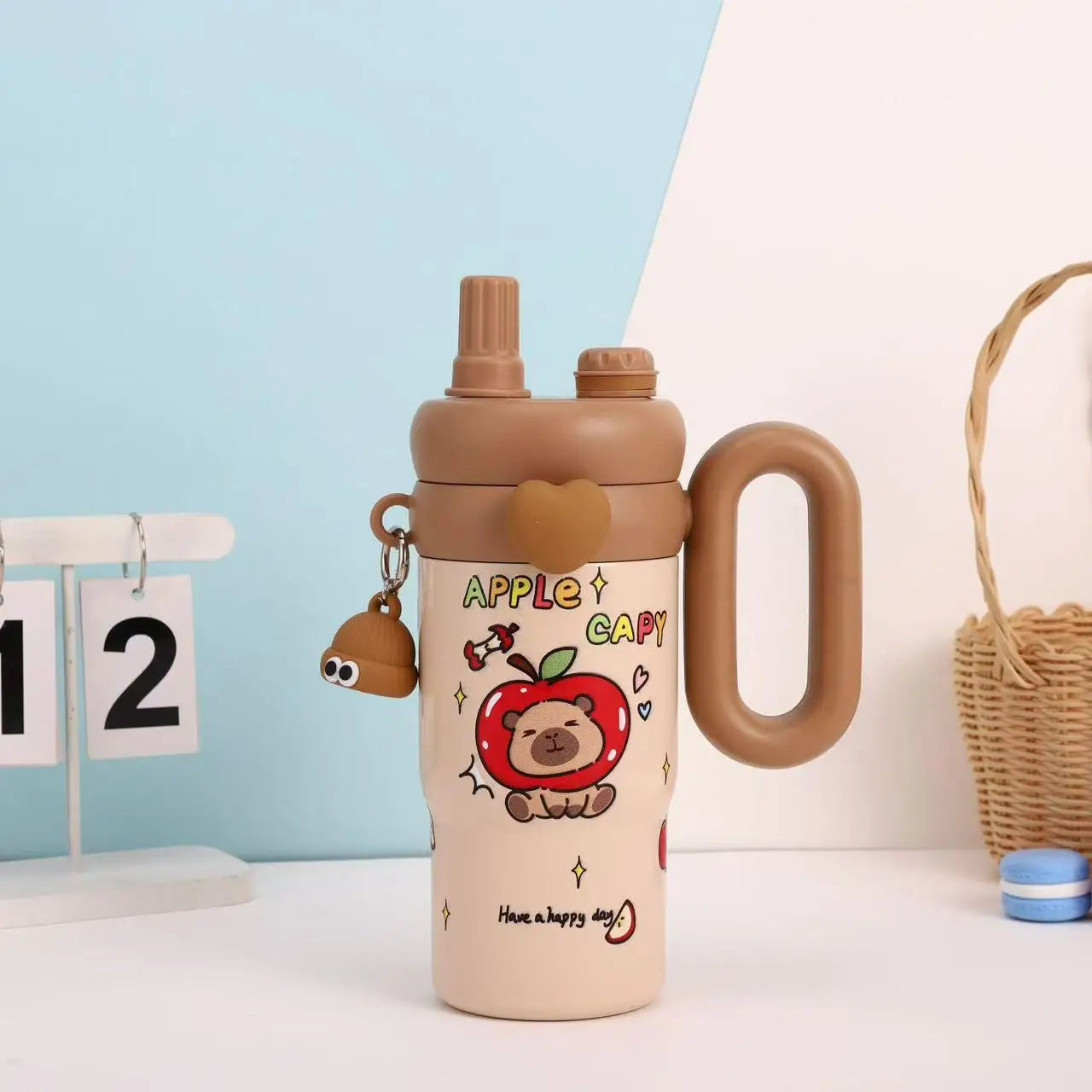 Large Capacity Straw Cup Cartoon Cute Double Drink Insulated Thermos for Students Children Women Portable Travel Water Bottle