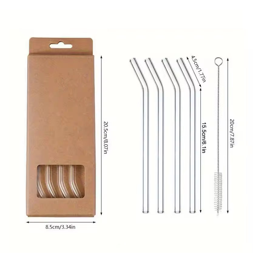 1set Heat Resistant Glass Straws with Brush - Set of 5 - Reusable and Washable,Perfect for Smoothies, Milkshakes, Tea, Juice