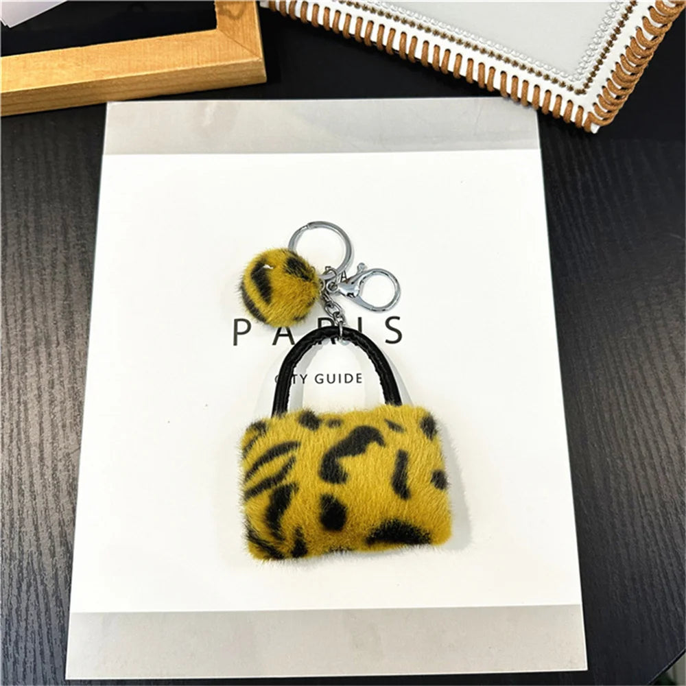 Creative Leopard Bag Pendant Keychain Cute Plush Soft Handbag Charms With Hair Ball Car Trinket Keyring Moto Accessories Gift