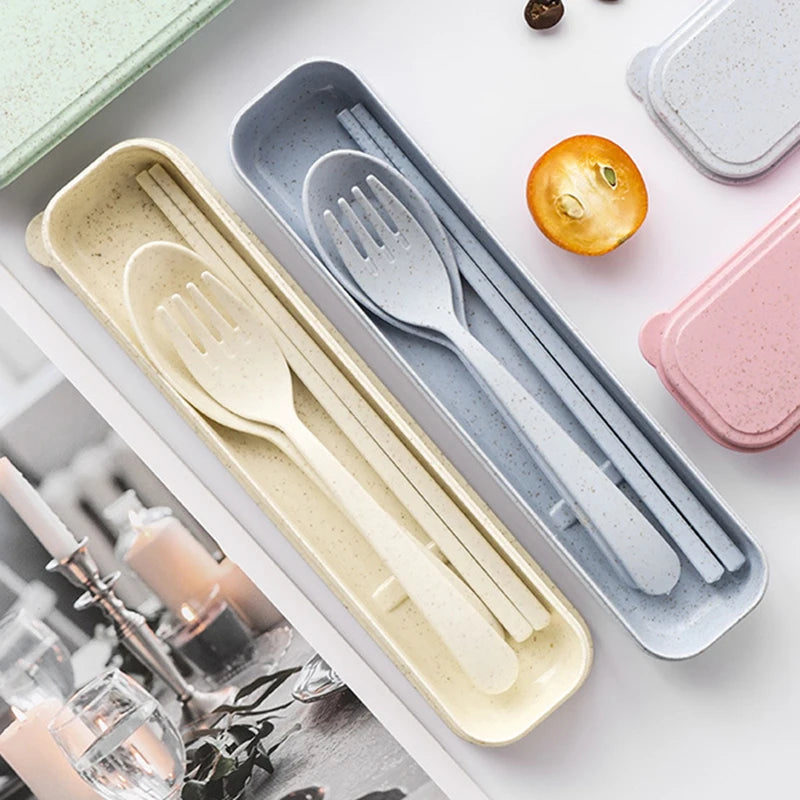 3Pcs/Set Portable Tableware Set Plastic Cutlery Sets Fork Spoon Chopsticks Suit Eco-friendly Reusable Travel Flatware With Box