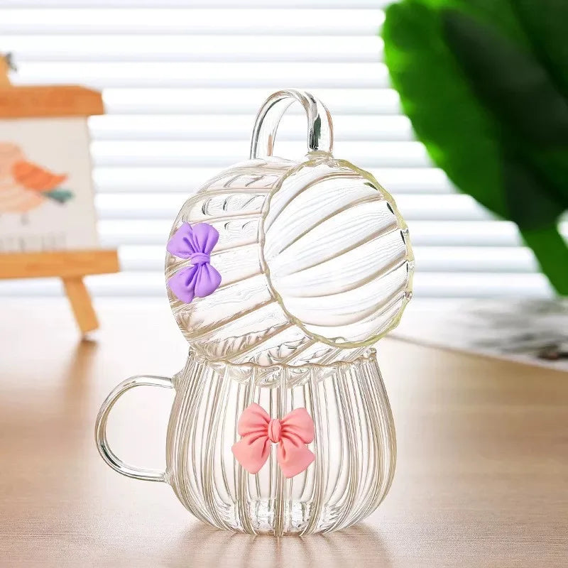 Japanese-Style Small Pumpkin Bow Coffee Cup Household Round Milk Cup High Temperature Resistant Popular Glass Water Cup Breakfast Cup Flower Tea Cup 1Pcs