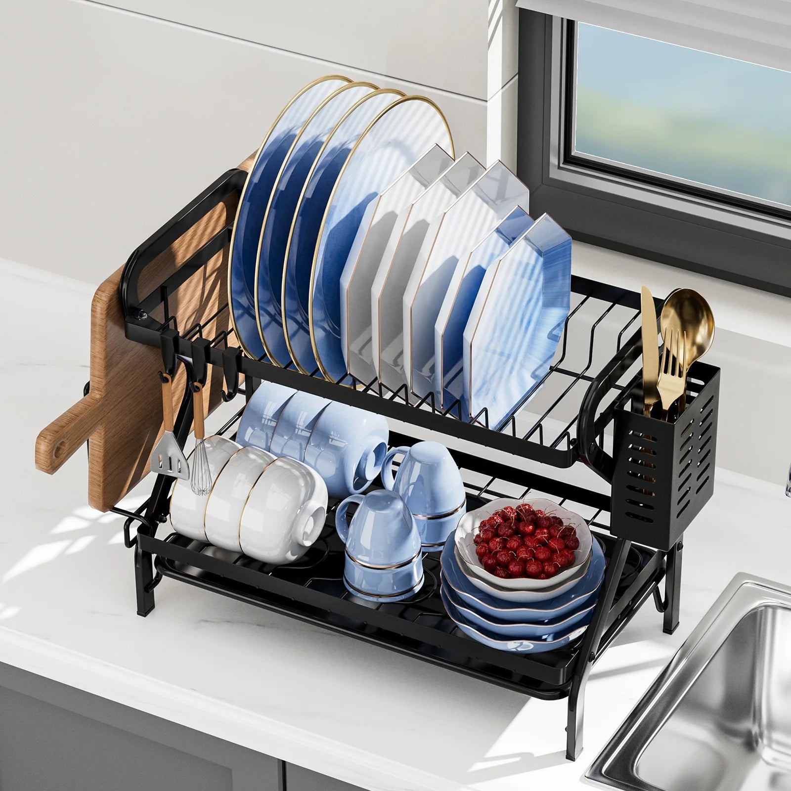 2-3Tier with Drainboard Dish Rack Large Capacity Household Tray Box Saving Space for Small Kitchen Countertop