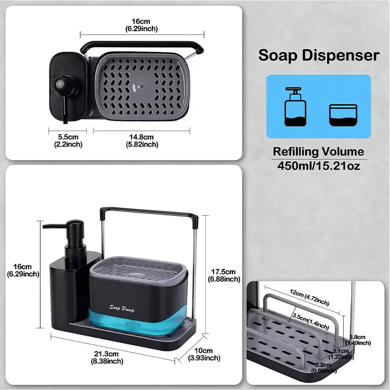 Multi-Functional Kitchen Soap Dispenser Hand Dish Soap Dispenser with Dual Soap Dispensers Sponge and Dishcloth Holders Tray