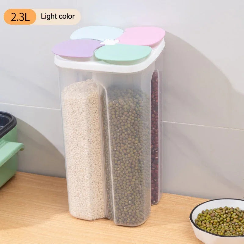 Kitchen Cereals Storage Box Plastic 4 Grids Sealed Jars 1.5L/2.3L Food Container Moisture-proof Grain Tank Keep Fresh Box