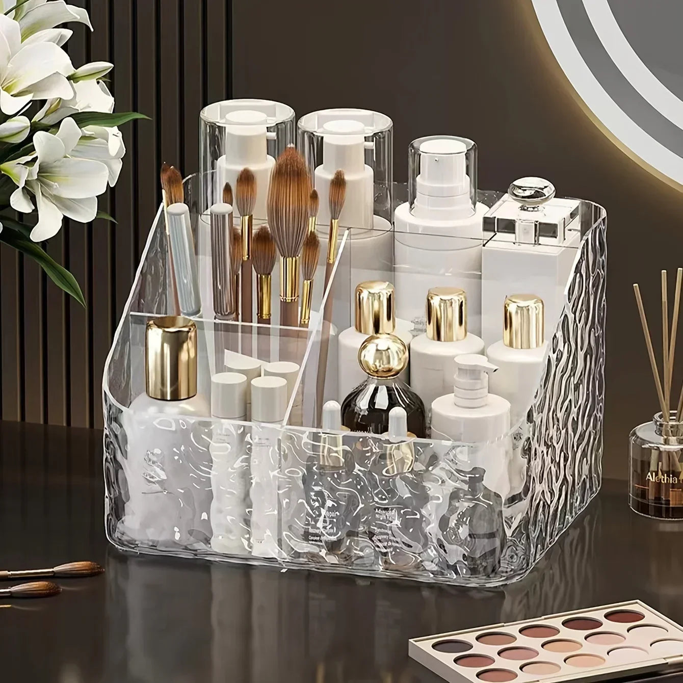 4-Compartment Acrylic Cosmetic Storage Organizer Transparent Makeup and Skincare Product Holder, Office Desk Stationery Box