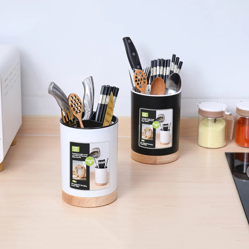 Kitchen Utensil Holder 360° Rotatable 3-Grid Tableware Drainer Chopstick Spoon Utensil Storage Bucket With Removable Divider NEW