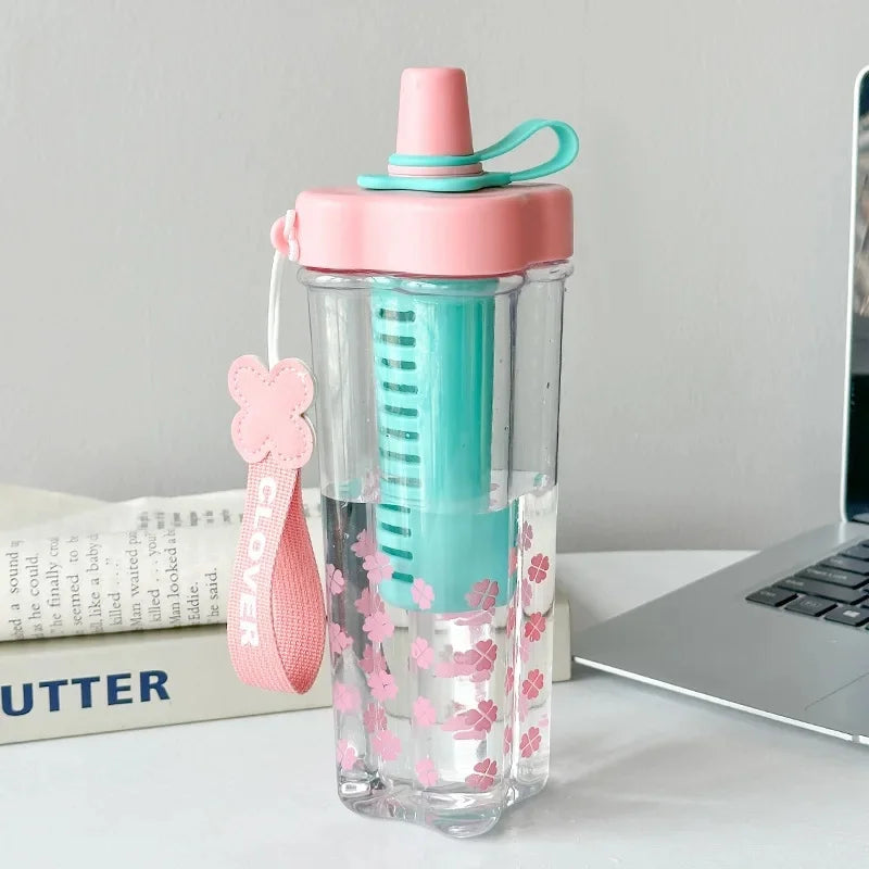 Large Capacity Portable Plastic Straw Cup for Afternoon Tea Flower Tea Women's Style Color Collision Tea Water Separation Cup