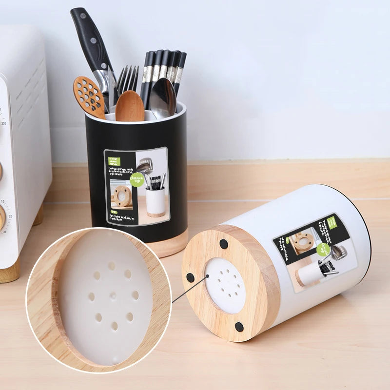 Kitchen Utensil Holder 360° Rotatable 3-Grid Tableware Drainer Chopstick Spoon Utensil Storage Bucket With Removable Divider NEW