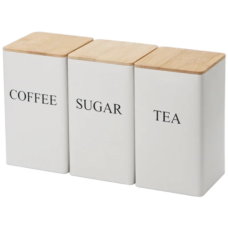 Simple Style Bamboo Cover Iron Art Storage Box Tea Can Storage Containers for Kitchen Display Square Jar Coffee Accessories Food