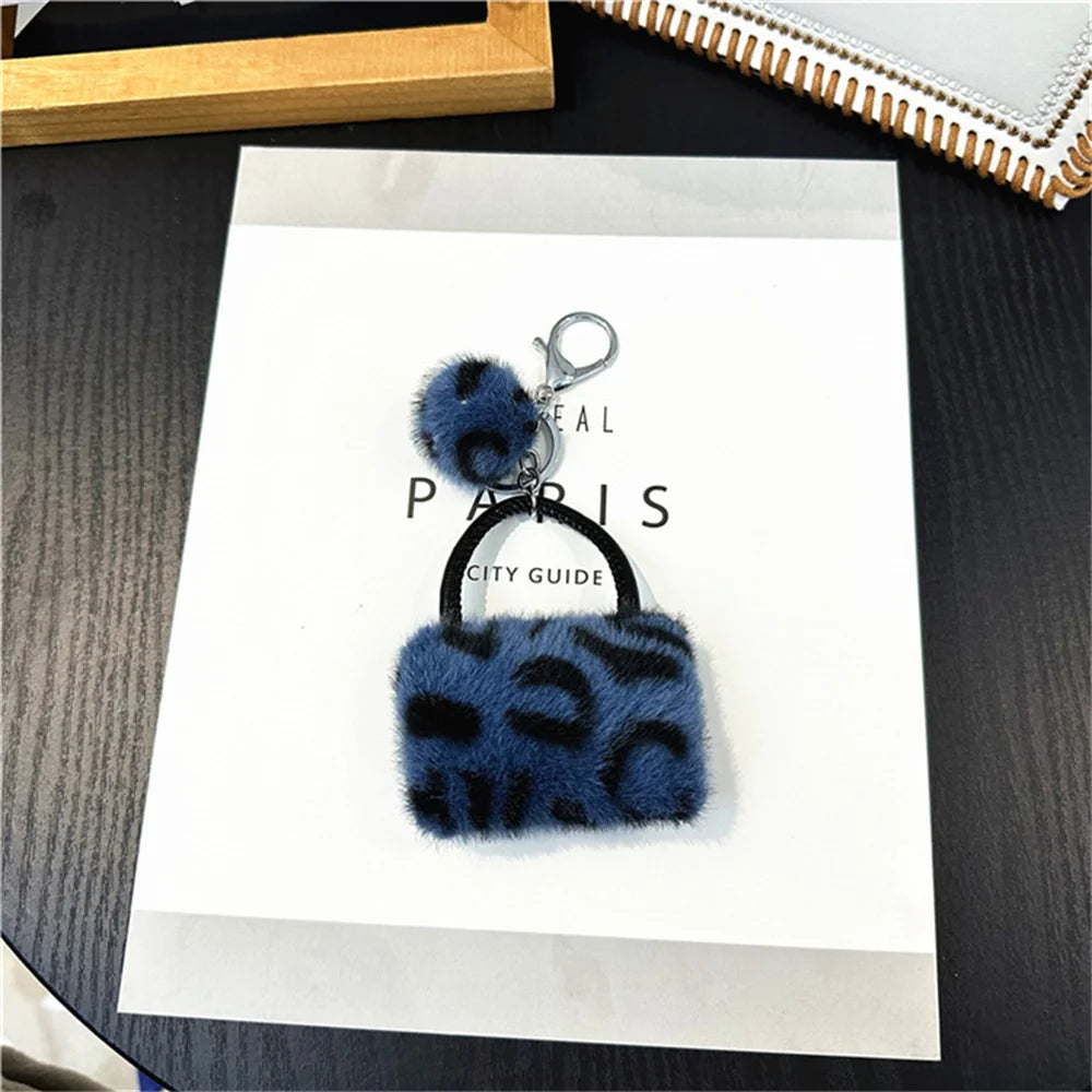 Creative Leopard Bag Pendant Keychain Cute Plush Soft Handbag Charms With Hair Ball Car Trinket Keyring Moto Accessories Gift