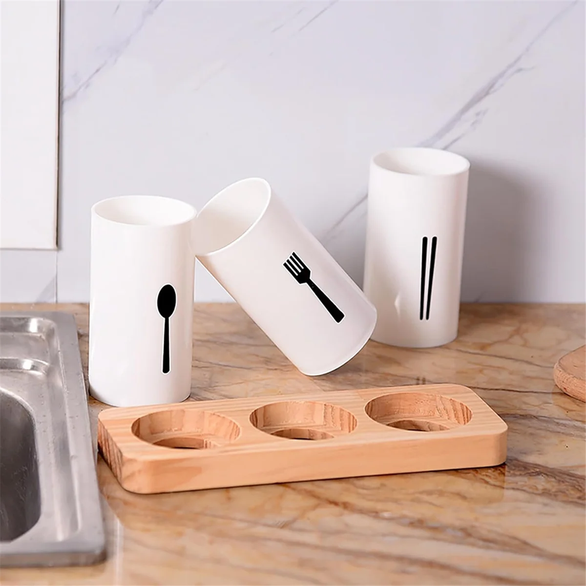 High-Quality Utensil Holder for Kitchen Counter with Wooden Base Large Round Cooking Utensil Holder