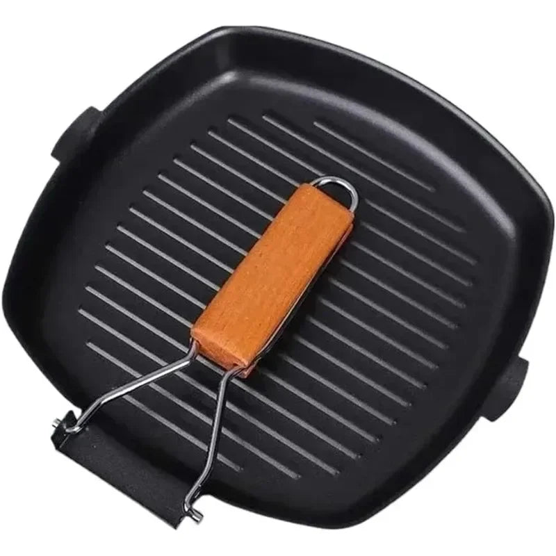 Portable Foldable Frying Pan Picnic Grill Pan Anti-scald Wooden Handle Outdoor Grill Pan Double Mouth Steak Pan(No Lid)