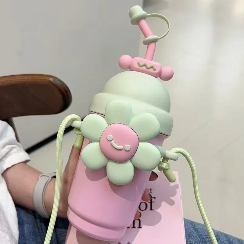 Netroots cartoon vacuum insulation cup female stainless steel high-color value with carry rope flowers milk tea cups