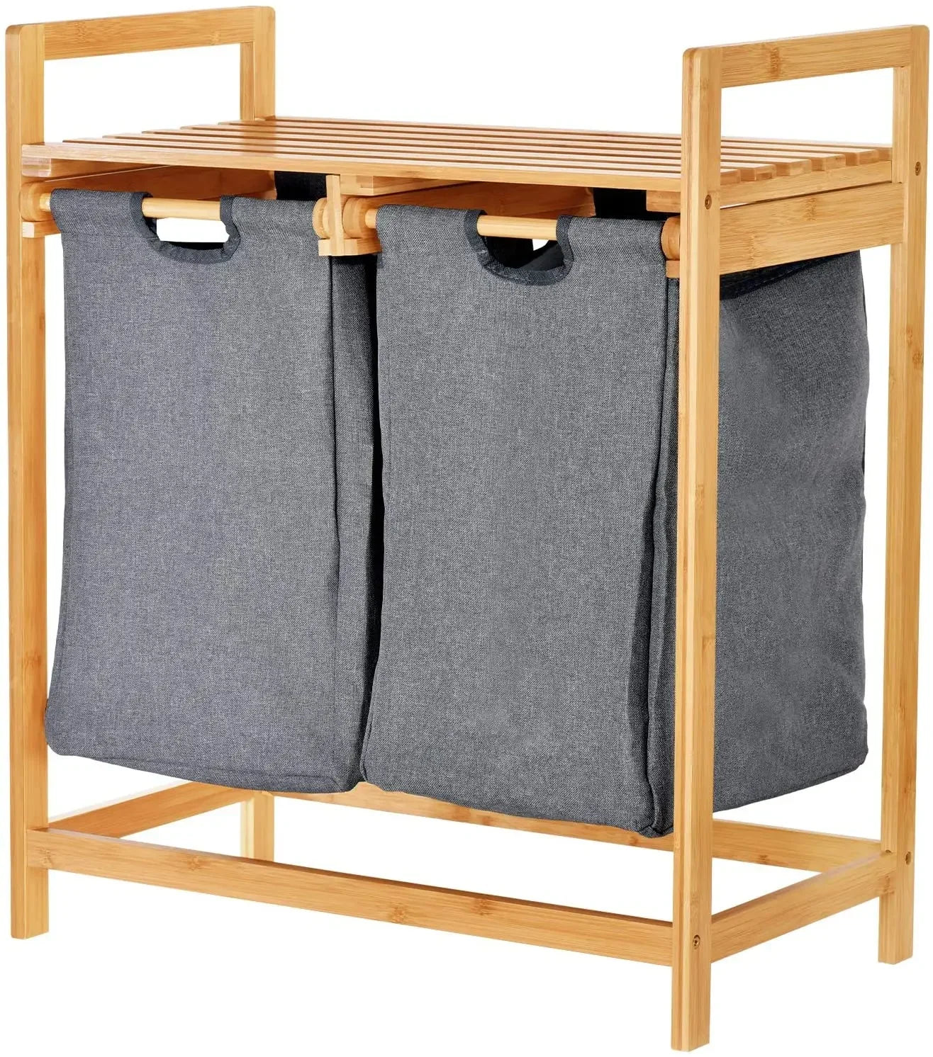 Bamboo Laundry Hamper and Shelf, Dual Compartments Laundry Basket with Removable Bag