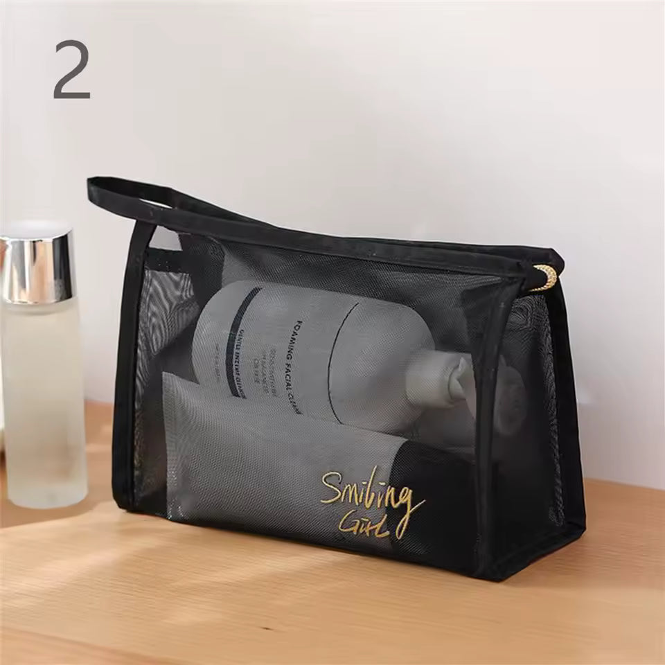 Portable Large Capacity Mesh Cosmetic Bag Transparent Black Nylon Mesh Makeup Pouch Travel Storage Case Toiletry Organizer